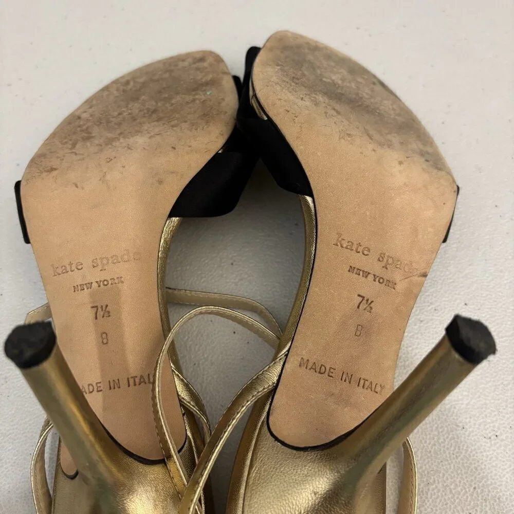 Kate Spade Black And Gold Heels Ankle Strap Women 7.5 Made In Italy